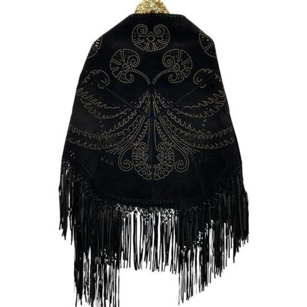 Large Black Suede Cut Out Shawl Brass Grommets & Fringe  NWT